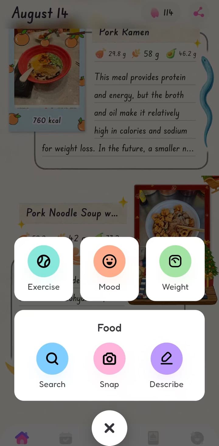 Shelog menu offering food logging by search, photo, or description, alongside mood, exercise, and weight tracking