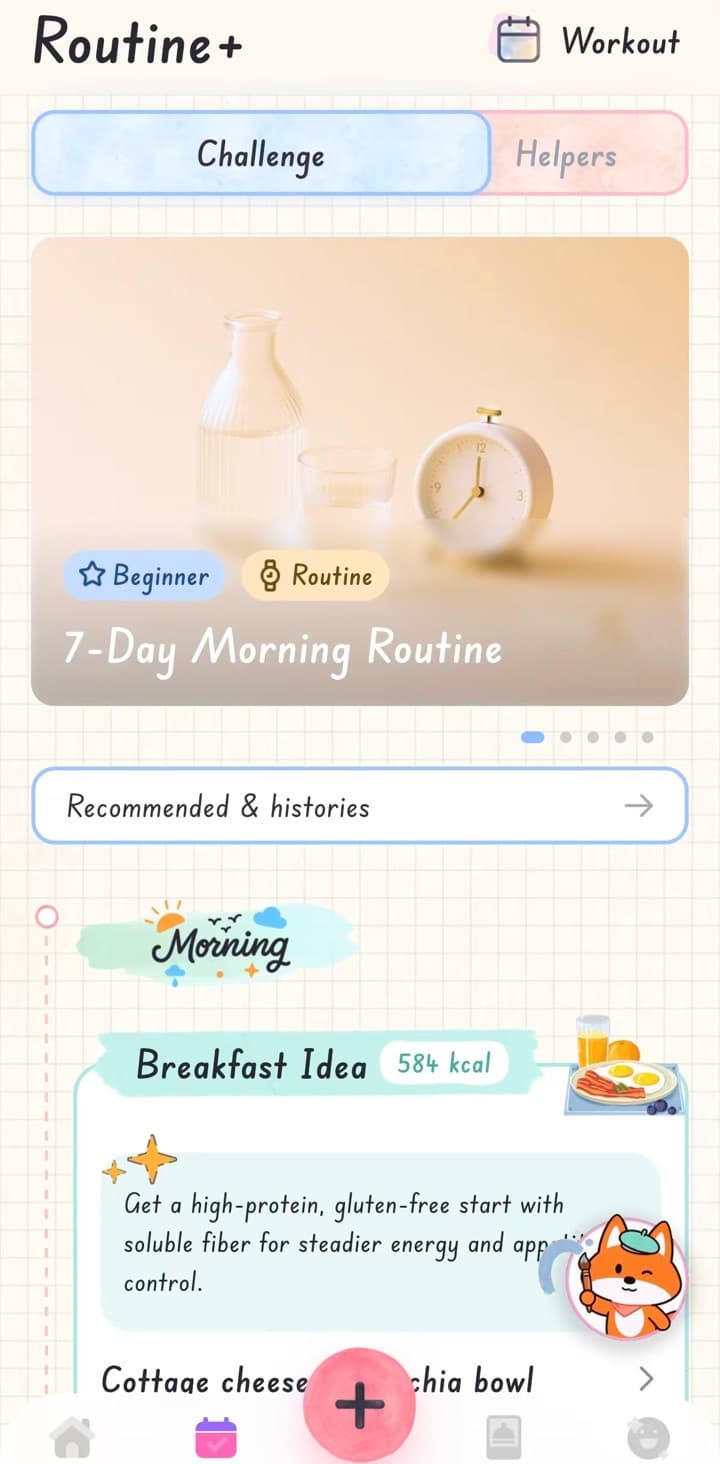 Shelog Routine+ showing a seven-day morning routine and daily meal support